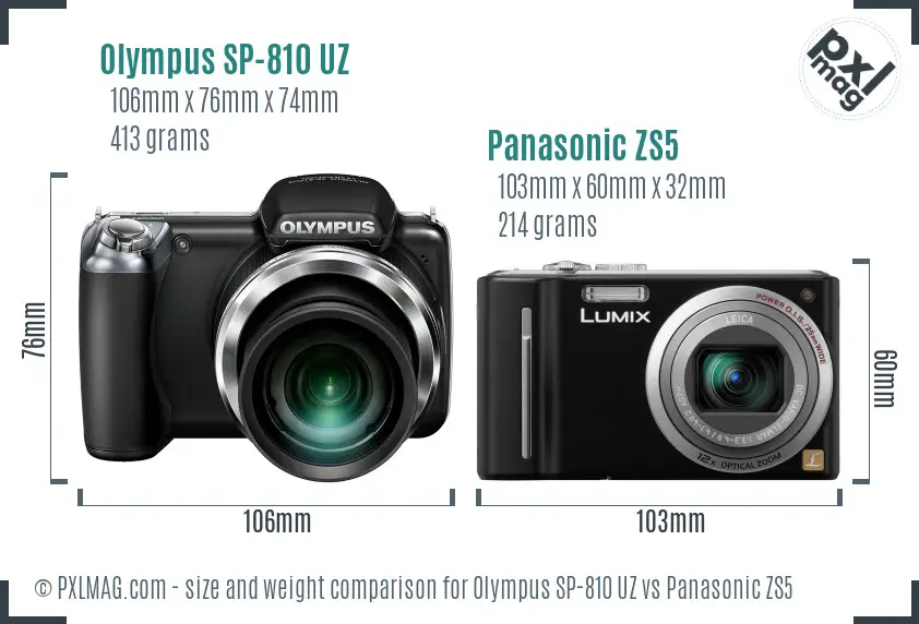 Olympus SP-810 UZ vs Panasonic ZS5 size comparison