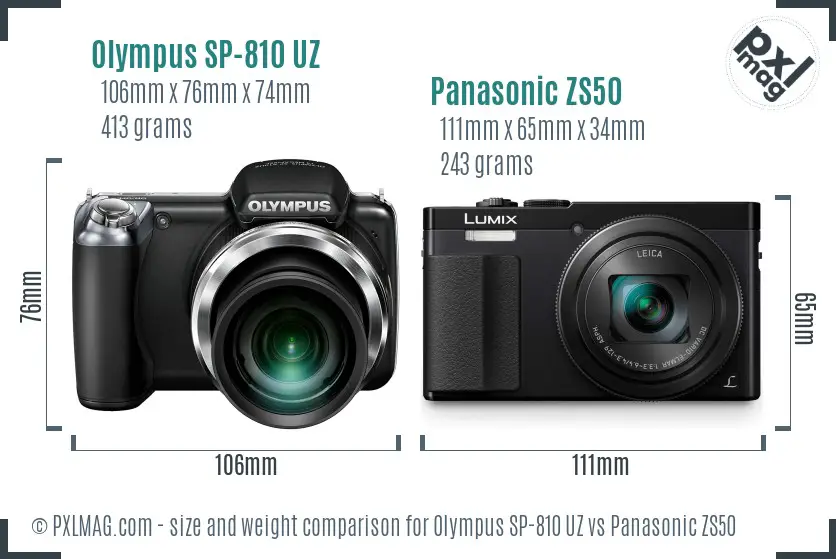 Olympus SP-810 UZ vs Panasonic ZS50 size comparison