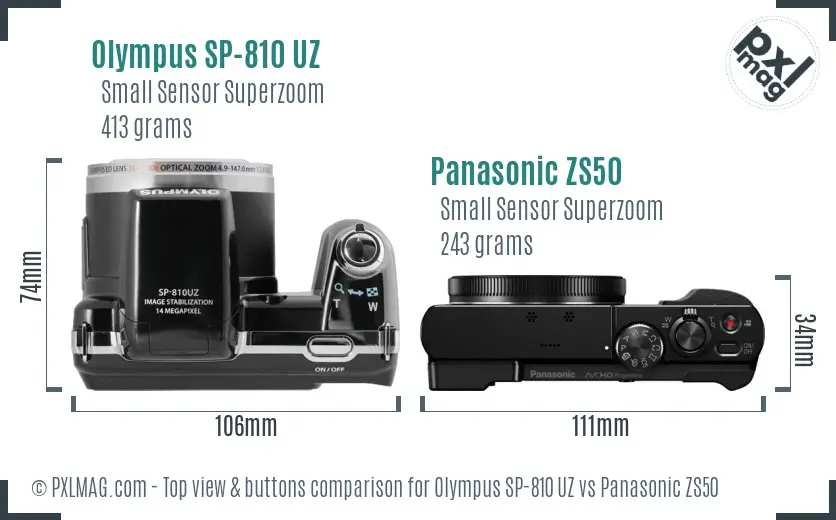 Olympus SP-810 UZ vs Panasonic ZS50 top view buttons comparison