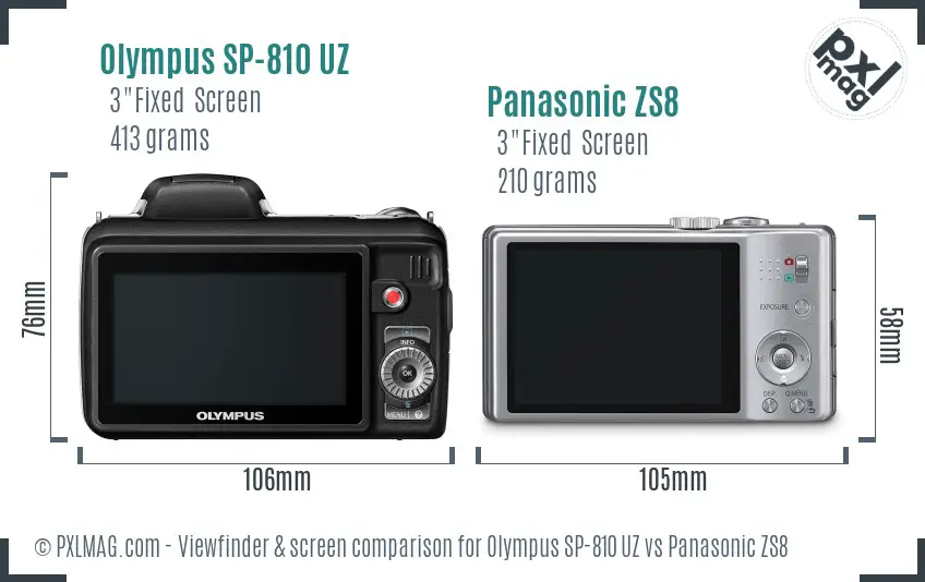 Olympus SP-810 UZ vs Panasonic ZS8 Screen and Viewfinder comparison