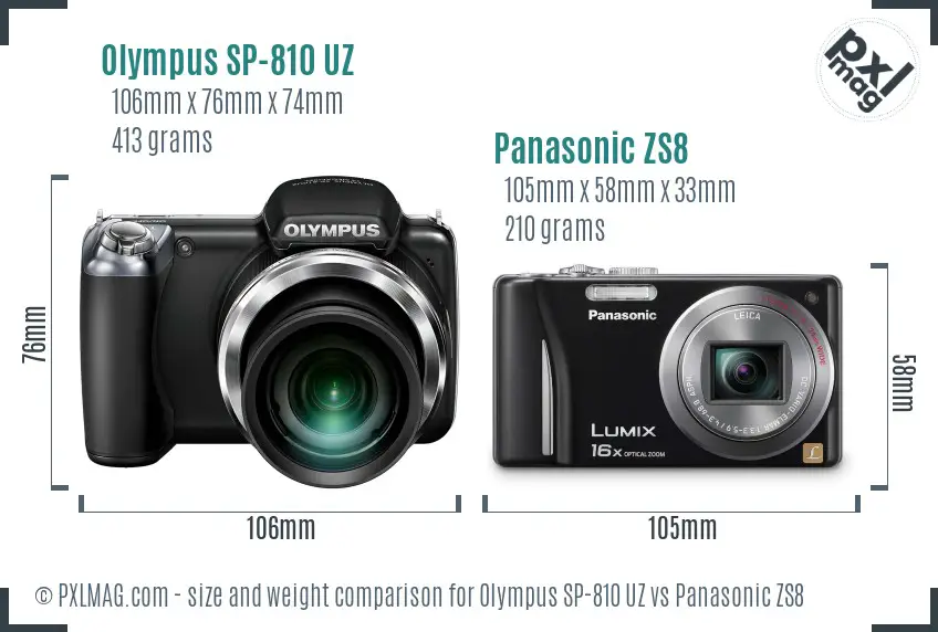 Olympus SP-810 UZ vs Panasonic ZS8 size comparison