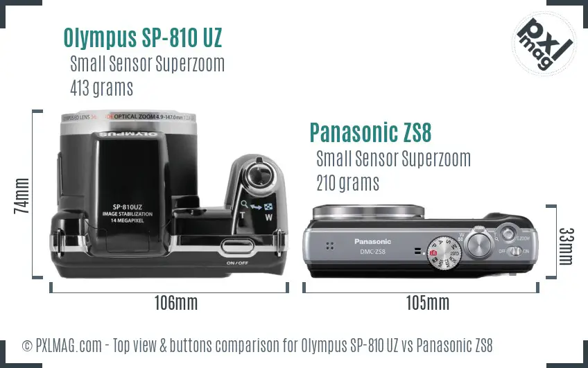 Olympus SP-810 UZ vs Panasonic ZS8 top view buttons comparison