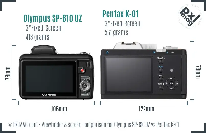 Olympus SP-810 UZ vs Pentax K-01 Screen and Viewfinder comparison