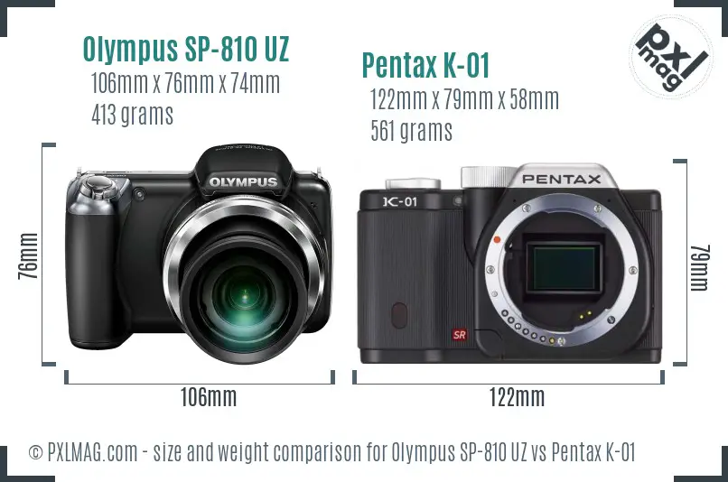 Olympus SP-810 UZ vs Pentax K-01 size comparison