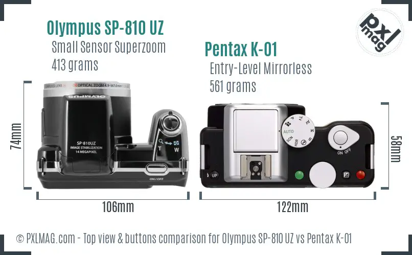 Olympus SP-810 UZ vs Pentax K-01 top view buttons comparison