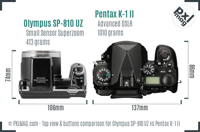 Olympus SP-810 UZ vs Pentax K-1 II top view buttons comparison