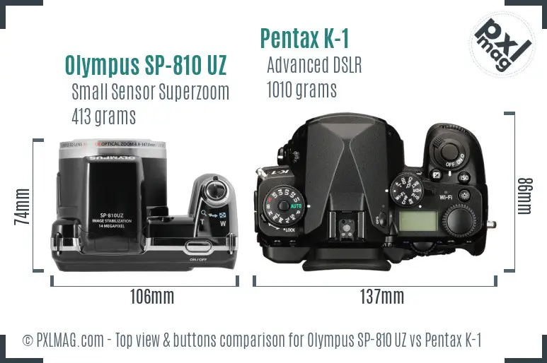 Olympus SP-810 UZ vs Pentax K-1 top view buttons comparison
