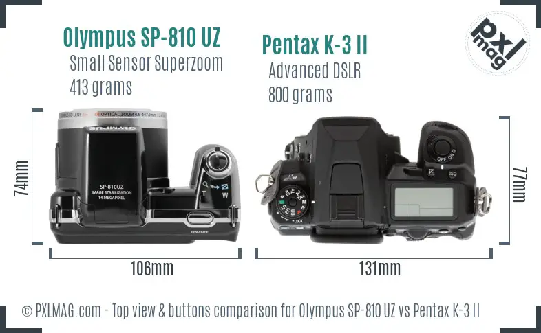 Olympus SP-810 UZ vs Pentax K-3 II top view buttons comparison