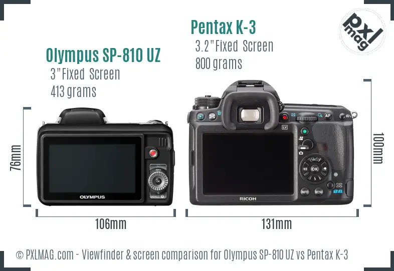 Olympus SP-810 UZ vs Pentax K-3 Screen and Viewfinder comparison