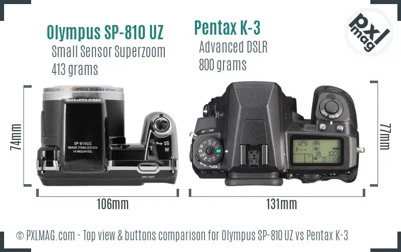 Olympus SP-810 UZ vs Pentax K-3 top view buttons comparison