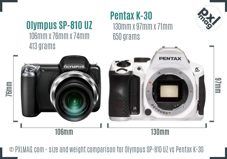 Olympus SP-810 UZ vs Pentax K-30 size comparison