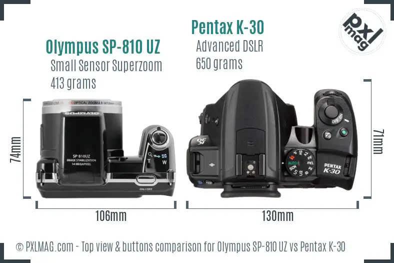 Olympus SP-810 UZ vs Pentax K-30 top view buttons comparison