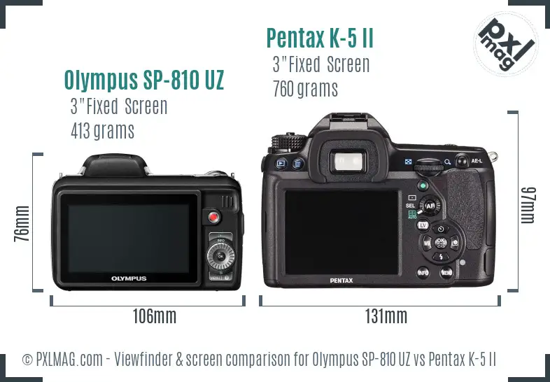 Olympus SP-810 UZ vs Pentax K-5 II Screen and Viewfinder comparison