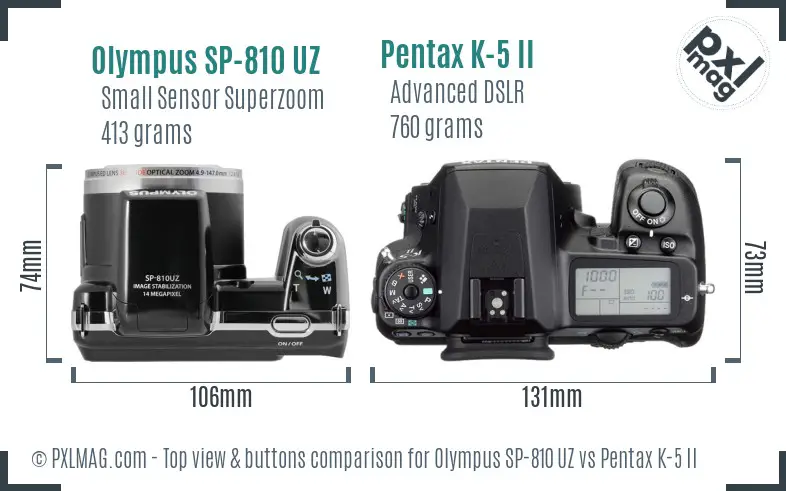 Olympus SP-810 UZ vs Pentax K-5 II top view buttons comparison