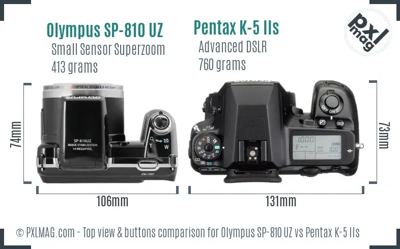 Olympus SP-810 UZ vs Pentax K-5 IIs top view buttons comparison