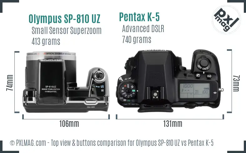 Olympus SP-810 UZ vs Pentax K-5 top view buttons comparison