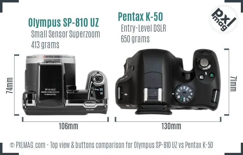Olympus SP-810 UZ vs Pentax K-50 top view buttons comparison