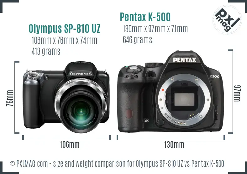 Olympus SP-810 UZ vs Pentax K-500 size comparison