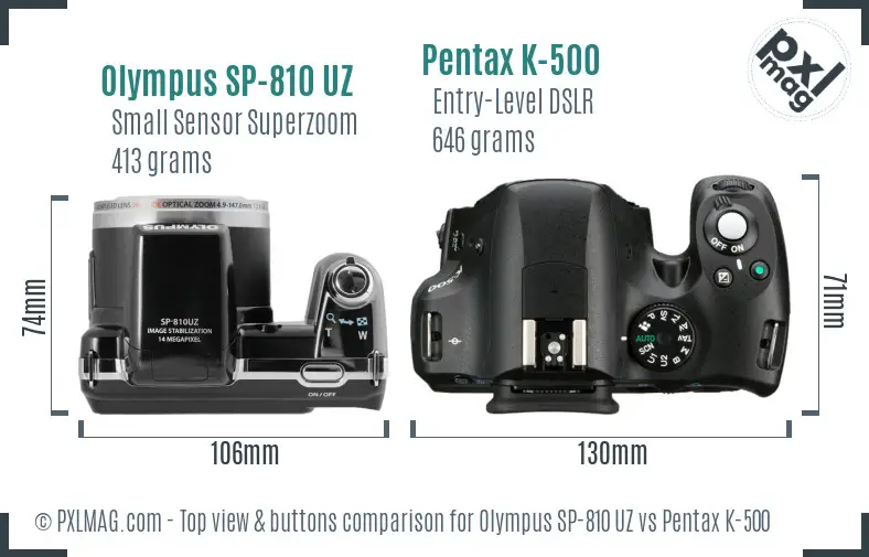Olympus SP-810 UZ vs Pentax K-500 top view buttons comparison
