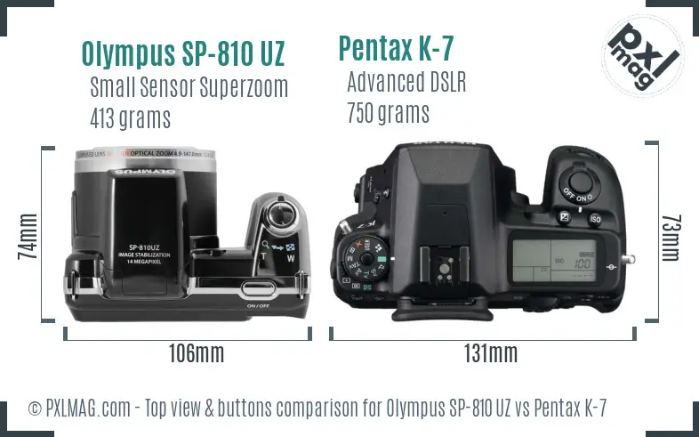 Olympus SP-810 UZ vs Pentax K-7 top view buttons comparison
