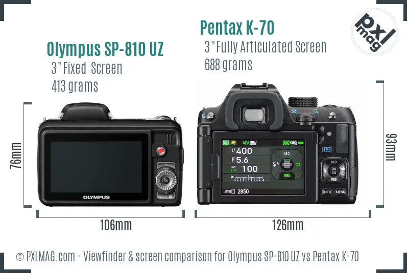 Olympus SP-810 UZ vs Pentax K-70 Screen and Viewfinder comparison