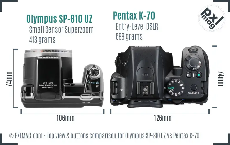 Olympus SP-810 UZ vs Pentax K-70 top view buttons comparison