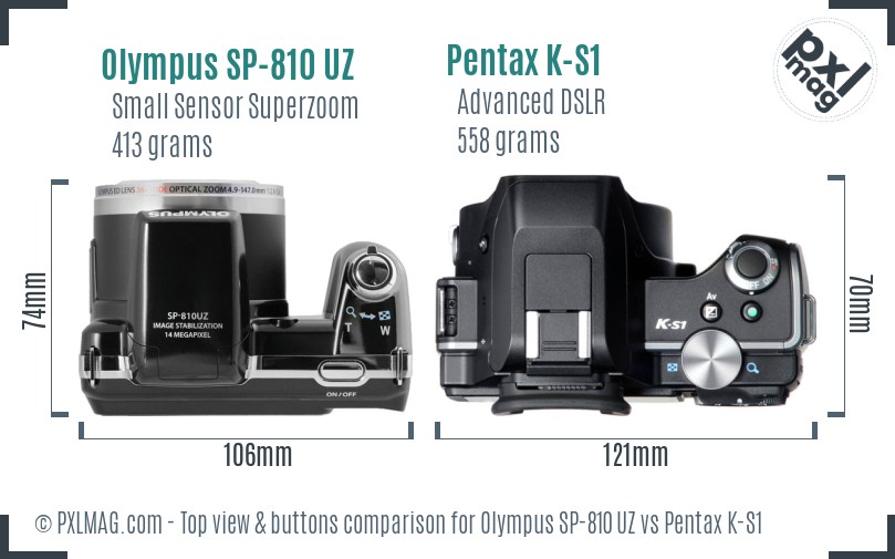 Olympus SP-810 UZ vs Pentax K-S1 top view buttons comparison