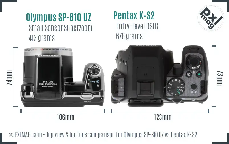 Olympus SP-810 UZ vs Pentax K-S2 top view buttons comparison