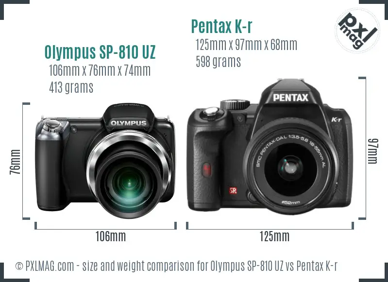 Olympus SP-810 UZ vs Pentax K-r size comparison