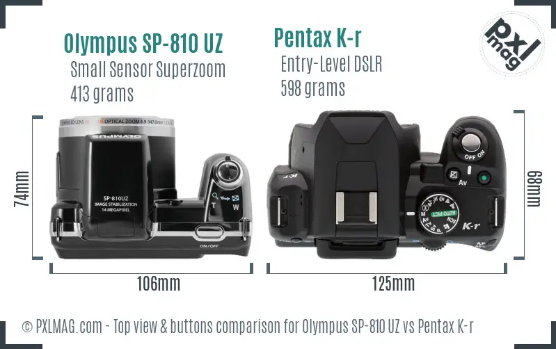Olympus SP-810 UZ vs Pentax K-r top view buttons comparison