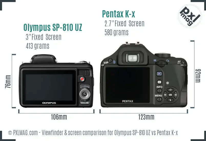 Olympus SP-810 UZ vs Pentax K-x Screen and Viewfinder comparison