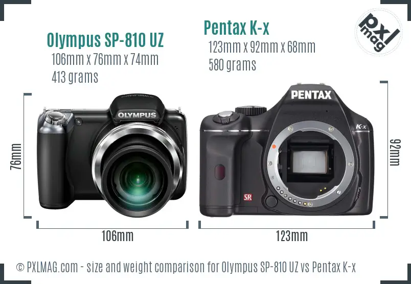 Olympus SP-810 UZ vs Pentax K-x size comparison