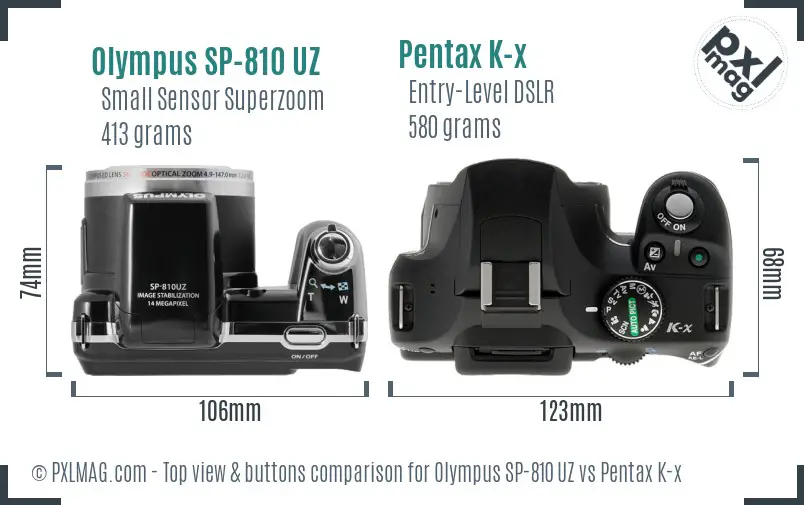Olympus SP-810 UZ vs Pentax K-x top view buttons comparison