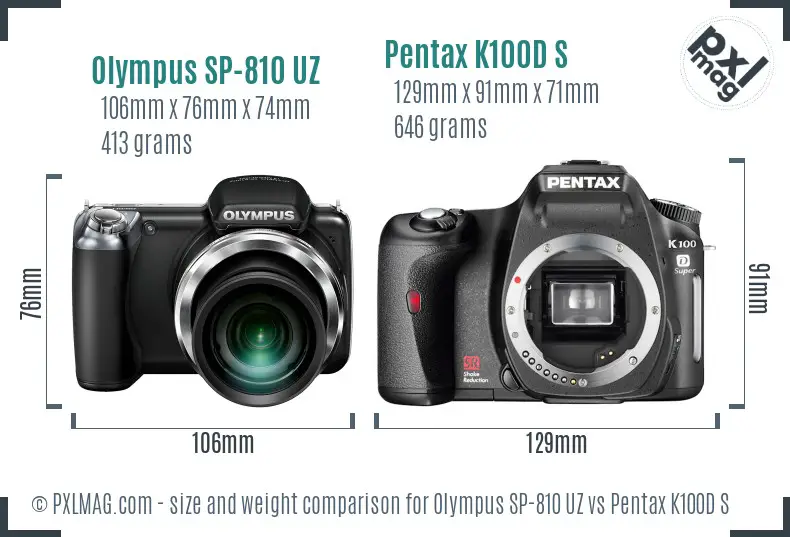 Olympus SP-810 UZ vs Pentax K100D S size comparison