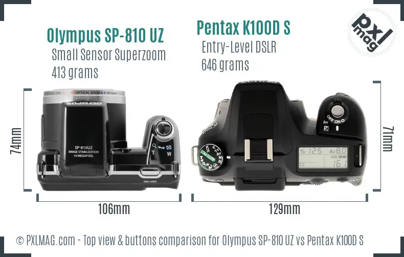 Olympus SP-810 UZ vs Pentax K100D S top view buttons comparison