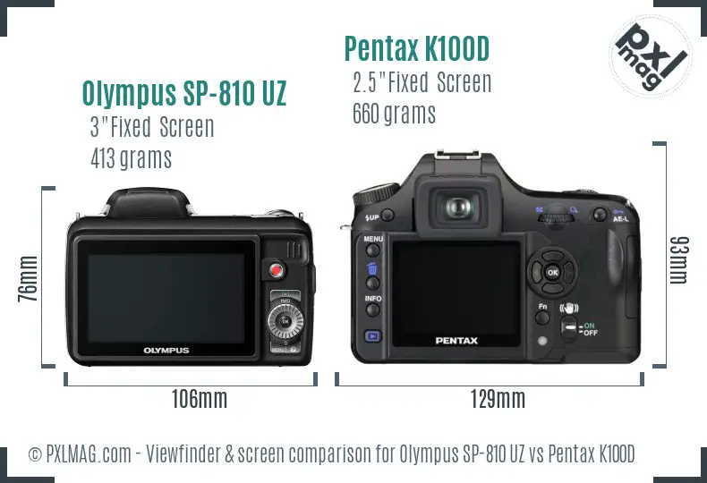 Olympus SP-810 UZ vs Pentax K100D Screen and Viewfinder comparison