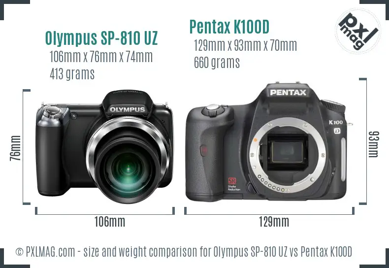 Olympus SP-810 UZ vs Pentax K100D size comparison