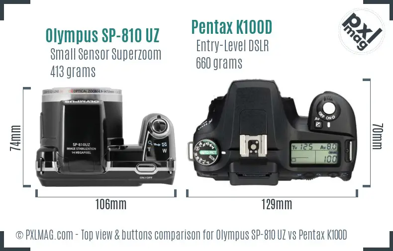 Olympus SP-810 UZ vs Pentax K100D top view buttons comparison