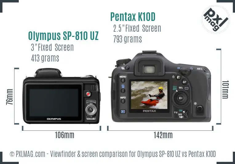 Olympus SP-810 UZ vs Pentax K10D Screen and Viewfinder comparison