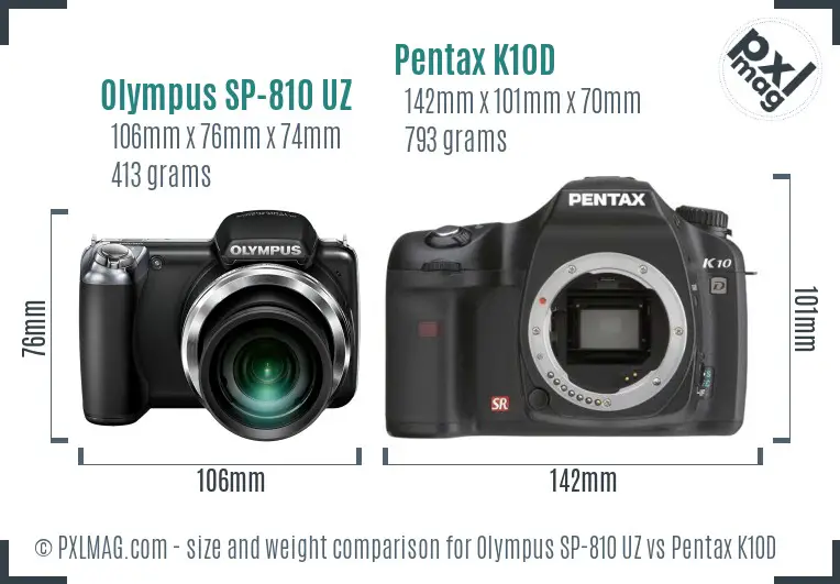 Olympus SP-810 UZ vs Pentax K10D size comparison
