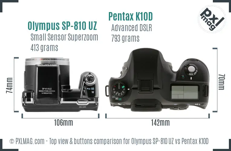 Olympus SP-810 UZ vs Pentax K10D top view buttons comparison