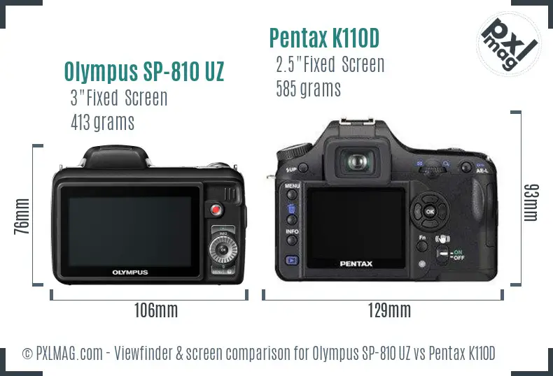 Olympus SP-810 UZ vs Pentax K110D Screen and Viewfinder comparison