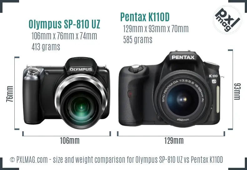 Olympus SP-810 UZ vs Pentax K110D size comparison