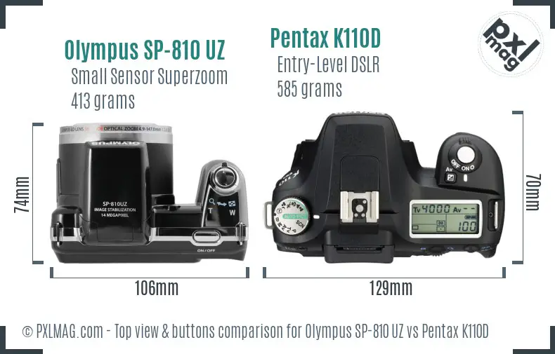 Olympus SP-810 UZ vs Pentax K110D top view buttons comparison