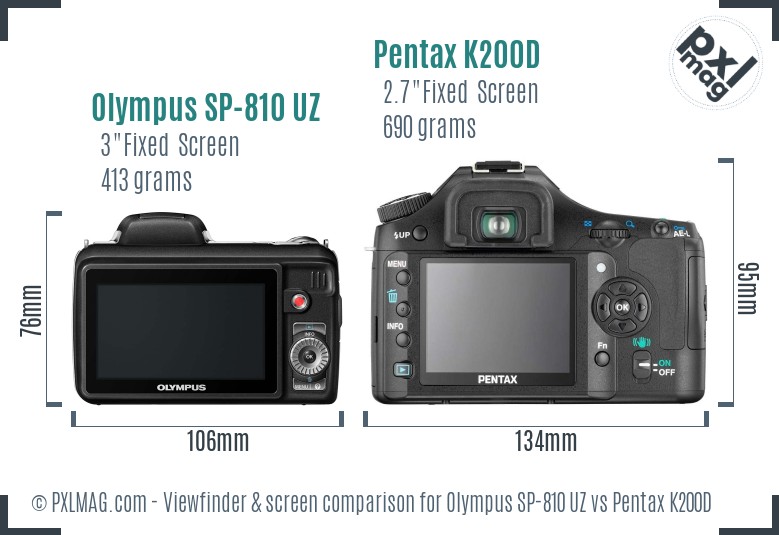 Olympus SP-810 UZ vs Pentax K200D Screen and Viewfinder comparison