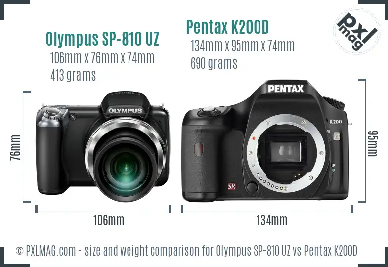 Olympus SP-810 UZ vs Pentax K200D size comparison
