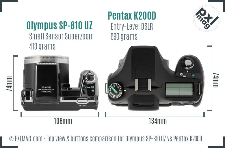 Olympus SP-810 UZ vs Pentax K200D top view buttons comparison