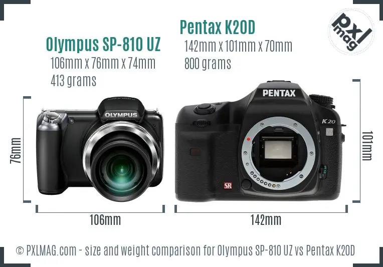 Olympus SP-810 UZ vs Pentax K20D size comparison
