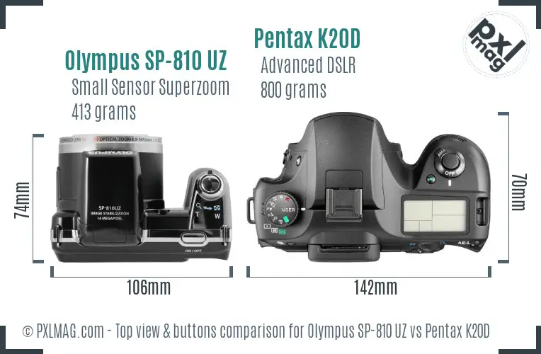 Olympus SP-810 UZ vs Pentax K20D top view buttons comparison