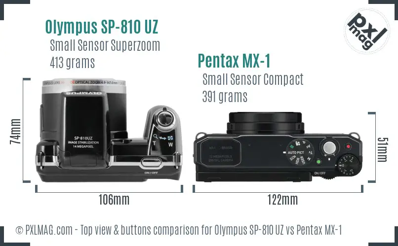 Olympus SP-810 UZ vs Pentax MX-1 top view buttons comparison